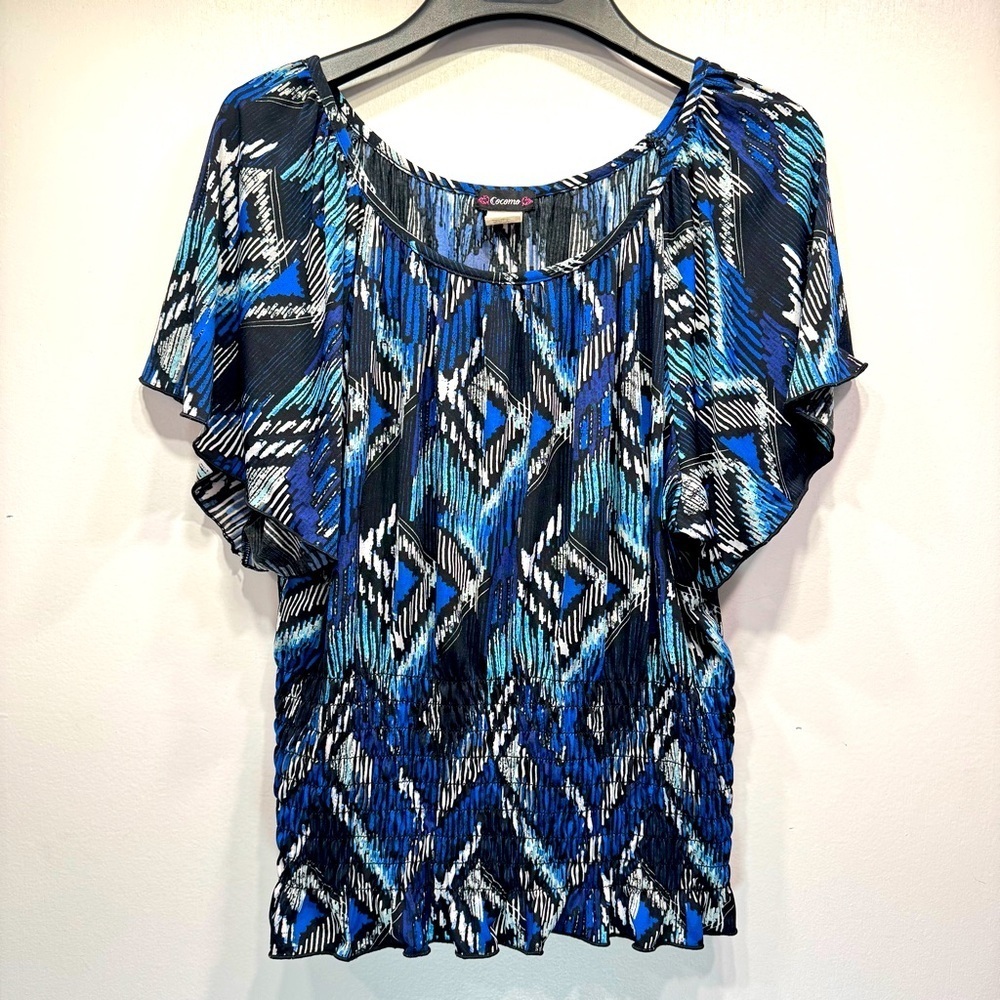 Aztec Ikat Print Ruched Smocked Waist Flutter Sleeve Ruffle Blouse by Cocomo